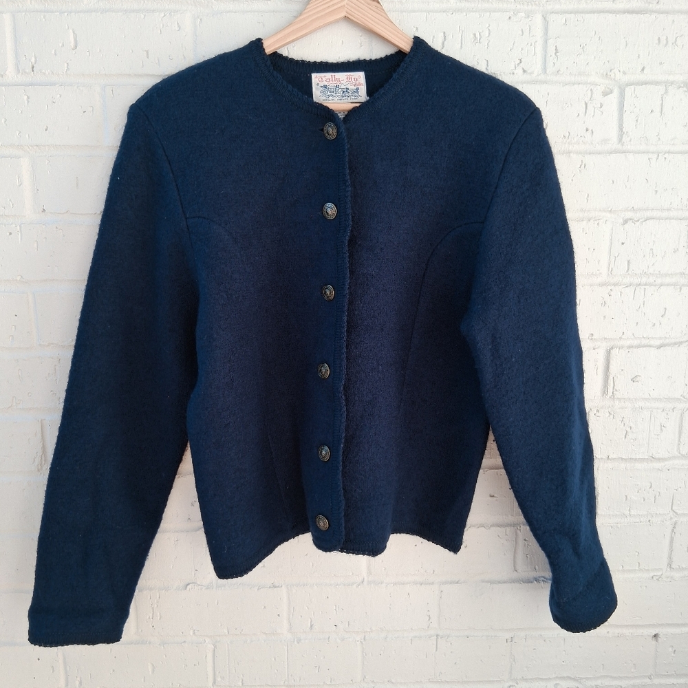 Vtg Tally-Ho Creation Blue Sweater Pollak Cardigan Button Size M
